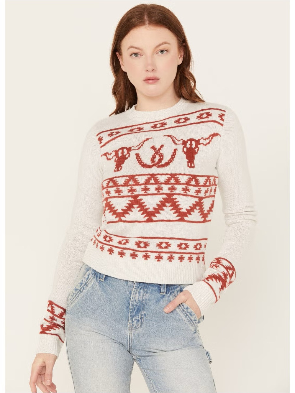 Wrangler Ivory and Rust Patterned Crewneck Longhorn Horseshoe XXL